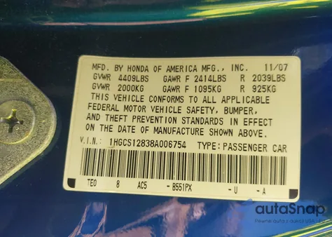2008 Honda Accord 2.4 Ex-L z USA, uszkodzony, nr VIN 1HGCS12838A006754
